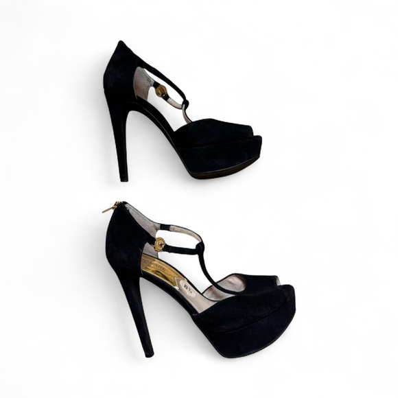 Michael Kors Black Suede Gold Hardware Platform Heels (8.5) NWOB - Picture 1 of 6